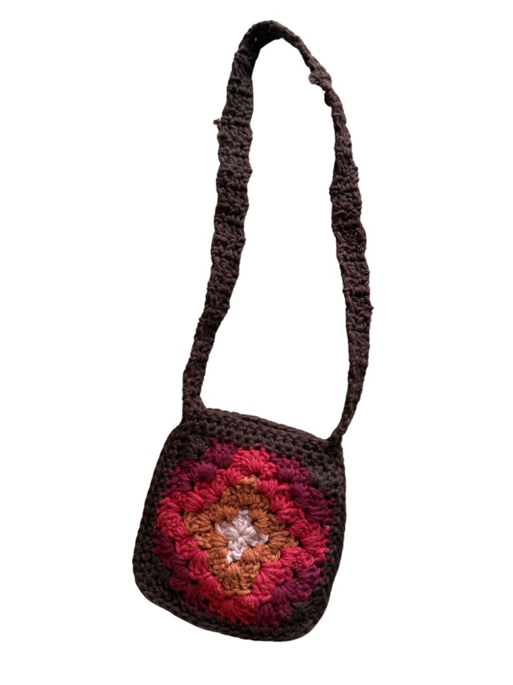 Handmade Brown Crochet Crossbody Bag with Pink and Red Accent
